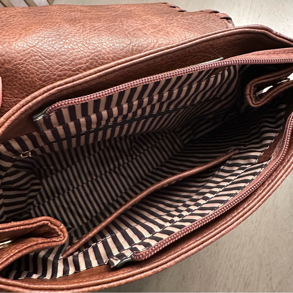 ALYSSA Faux Vegan Leather Whipstitch Brown Backpack New - Picture 7 of 13